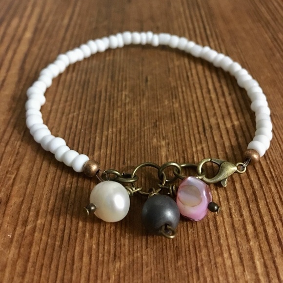 Hand Crafted Jewelry - Ladies White Beaded Charm Bracelet,  Handmade Ladies Bracelet with Beaded Charms